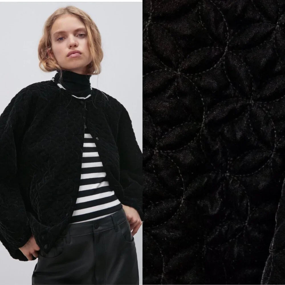 Zara Velvet  Puffer Quilted Bomber Jacket Coat Black Size Medium